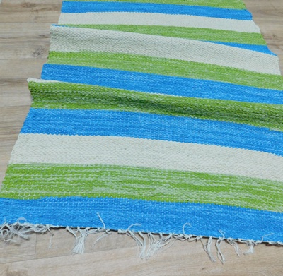 Rongyszőnyeg pamut zöld kék ecrü csíkos kb:77x180cm 