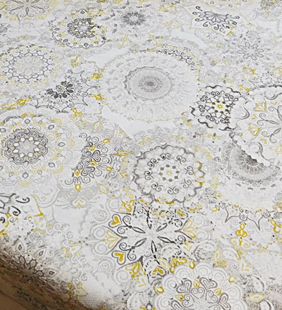 Szürke sárga mandala mintás pamutvászon terítő 140x165cm